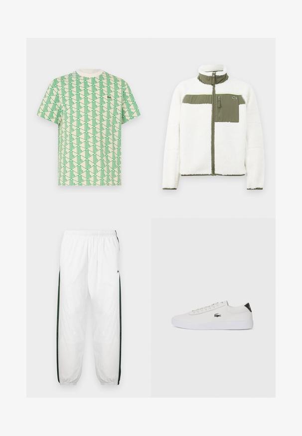Balta flīsa jaka ar olīvzaļiem akcentiem, augstu apkakli, ar rāvējslēdzēju vertikālu krūšu kabatu un ribotiem piedurkņu galiem. Uz kreisās puses ir logotips.; Kokvilnas t-krekls ar visu virsmu zaļā ģeometriskā raksta uz krēmkrāsas fona, ar apaļu kakla izgriezumu un īsām piedurknēm.; Baltas sporta bikses ar tumši zaļām sānu joslām. Viegls materiāls, elastīga josta un aproces apakšā. Satur acu auduma tekstūru sānu joslās.; Baltas ādas sporta apavu modelis ar noapaļotu purngalu, sasienamu priekšpusi un melnu papēža akcentu. Satur nelielu izšūtu krokodila logo sānos.