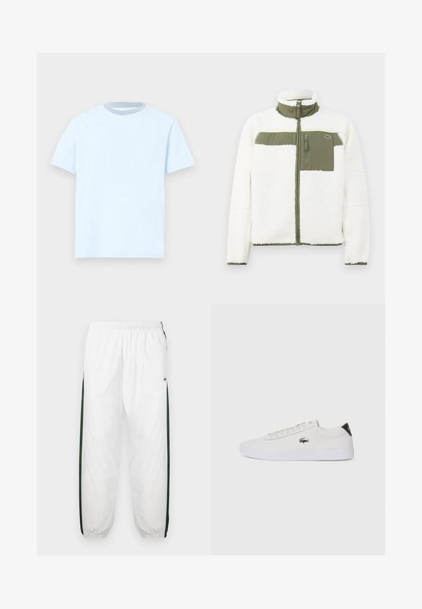 Bílá fleecová bunda s olivovými akcenty, vysokým límcem, kapsou na zip na hrudi a ribbovanými manžetami. Obsahuje logo na levé straně.; Světle modré bavlněné tričko s krátkými rukávy, kulatým výstřihem se pruhovaným vzorem a texturovaným logem na přední straně.; Bílé tepláky s tmavě zelenými postranními panely. Lehký materiál, elastický pas a stahované lemy. Obsahují síťovanou texturu na postranních panelech.; Bílé kožené tenisky s kulatou špičkou, šněrováním vpředu a černým akcentem na patě. Na boku se nachází malé vyšívané logo krokodýla.