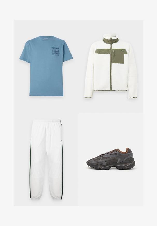 Chaqueta de felpa blanca con acentos en oliva, cuello alto, bolsillo de pecho con cremallera y puños acanalados. Presenta un logo en el lado izquierdo.; Camiseta de algodón azul claro con cuello redondo y mangas cortas. En el lado izquierdo del pecho tiene un diseño del logotipo apilado en negro "LACOSTE".; Pantalones de chándal blancos con paneles laterales de color verde oscuro. Material ligero, cinturilla elástica y dobladillos con puños. Presenta textura de malla en los paneles laterales.; Zapatillas Lacoste en gris oscuro con material de malla y sintético, que cuentan con una suela texturizada y detalles en marrón en el cuello y la marca.