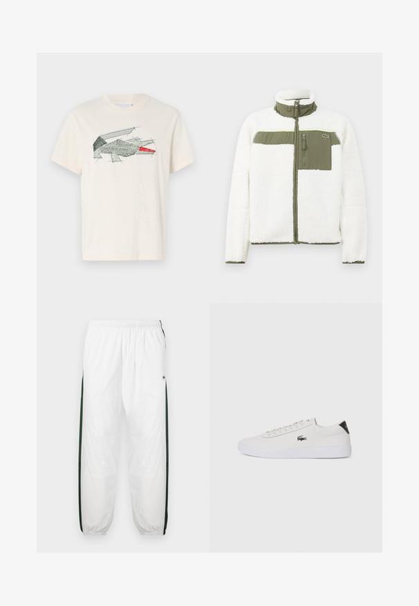 White fleece jacket with olive accents, high collar, zippered chest pocket, and ribbed cuffs. Features a logo on the left side.; Cream t-shirt made of cotton with a green and red abstract embroidery design. Short sleeves and a crew neckline.; White track pants with dark green side panels. Lightweight material, elastic waistband, and cuffed hems. Features mesh texture on side panels.; White leather sneaker with round toe, lace-up front, and black heel accent. Features a small embroidered crocodile logo on the side.