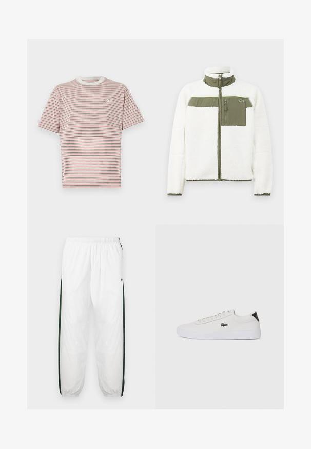 Valge flaamjakiga, millel on oliivrohelised aktsendid, kõrge kaelusega, lukuga rinna-tasku ja ribakudumistega varrukad. Vasakul küljel on logo.; Ribaldi t-särk, millel on horisontaalsetest triipudest koosnevad roosa, merevaigu ja valge värviga. Ribaldi ümar kaelus ja väike logo rinna peal. Puuvillane materjal.; Valged sportpüksid tumeroheline külgpanelitega. Kerge materjal, elastne vöökoht ja mansetid. Külgpanelitel on võrkmuster.; Valge nahast tenniseking ümara ninaga, lukkude ja musta kontsa aktsendiga. Külgedel on väike broderi krokodilli logo.