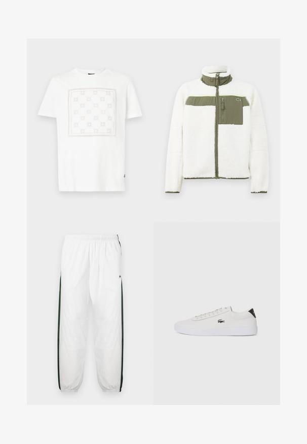 Chaqueta de felpa blanca con acentos en oliva, cuello alto, bolsillo de pecho con cremallera y puños acanalados. Presenta un logo en el lado izquierdo.; Camiseta de algodón blanca con un gran patrón geométrico de color rosa claro enmarcado por un borde delgado. Mangas cortas y un diseño clásico de cuello redondo.; Pantalones de chándal blancos con paneles laterales de color verde oscuro. Material ligero, cinturilla elástica y dobladillos con puños. Presenta textura de malla en los paneles laterales.; Zapatilla de cuero blanca con punta redonda, parte frontal con cordones y acento negro en el talón. Presenta un pequeño logo de cocodrilo bordado en el lateral.