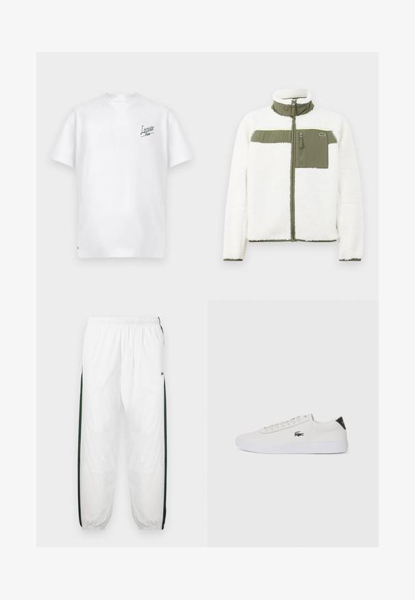 Hvit fleecejakke med olivenfarget detaljer, høy krage, glidelåslomme på brystet og ribbestrikkede mansjetter. Har en logo på venstre side.; Hvit bomulls T-skjorte med rund hals og korte ermer. Har en grønn "Lacoste Paris"-logo på venstre bryst. Myk tekstur.; Hvite joggebukser med mørkegrønne sidelommer. Lett materiale, elastisk midje og mansjetter ved buksebenene. Har mesh-struktur på sidene.; Hvit lær sneakers med rund tå, snøring foran og svart hælakkent. Har en liten brodert krokodillelogo på siden.