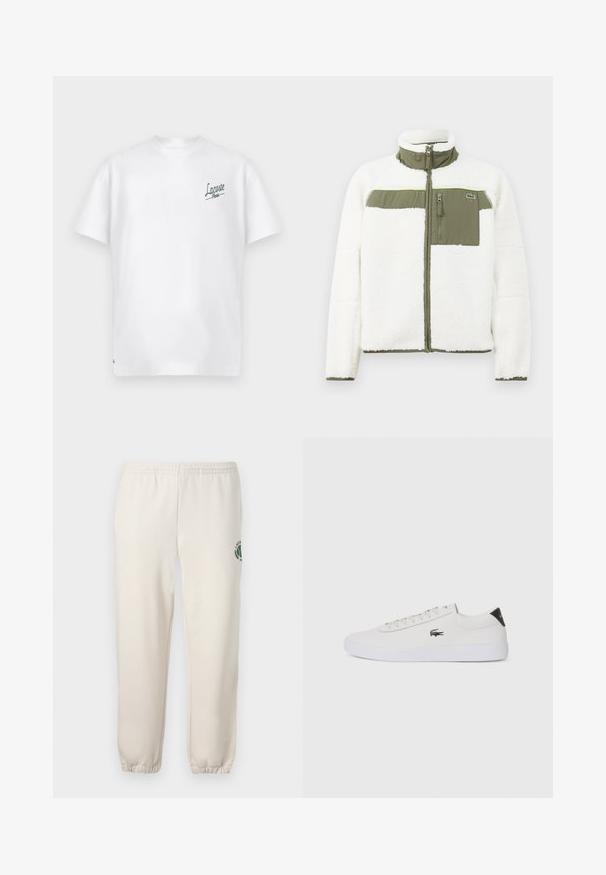 Bílá fleecová bunda s olivovými akcenty, vysokým límcem, kapsou na zip na hrudi a ribbovanými manžetami. Obsahuje logo na levé straně.; Bílé bavlněné tričko s kulatým výstřihem a krátkými rukávy. Na levé hrudi je zelené logo "Lacoste Paris". Měkká textura.; Světle béžové tepláky vyrobené z bavlny, s elastickým pasem, žebrovanými náplety a zeleným logem s designem listu na levé noze.; Bílé kožené tenisky s kulatou špičkou, šněrováním vpředu a černým akcentem na patě. Na boku se nachází malé vyšívané logo krokodýla.