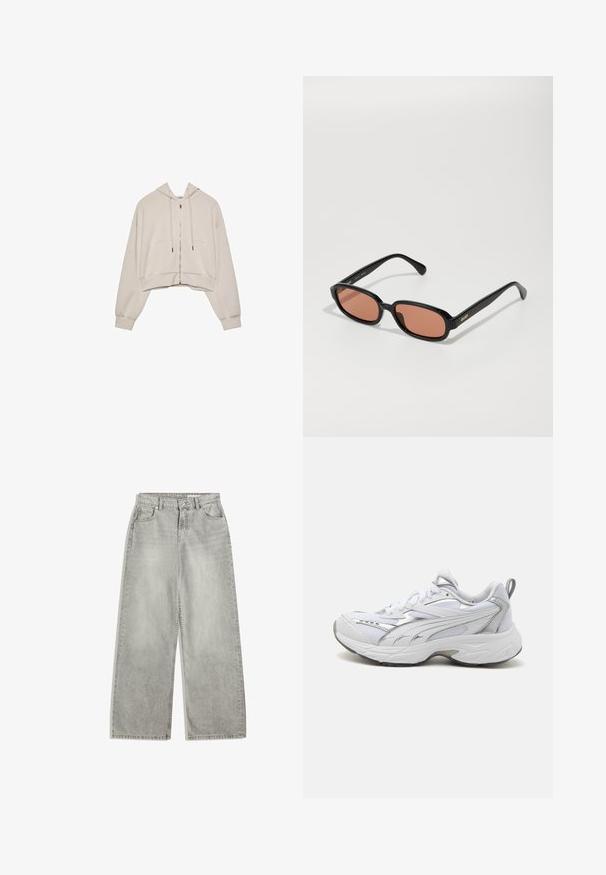 Hnědý kožený trenčkot s klopami, dvouřadým zapínáním, páskem na zavázání v pase a bočními kapsami. Hladká textura a délka těsně nad kolena.; Béžová zkrácená mikina s kapucí na zip, se šňůrkami a dvěma velkými předními kapsami. Má dlouhé, volné rukávy a žebrované manžety.; Bílý dlouhý rukáv top vyrobený z měkké, hladké látky. Má kulatý výstřih a slim fit s minimálními švy.; Světle šedé kalhoty s širokými nohavicemi a vysokým pasem, pět kapes, zip a mírné blednutí. Vyrobeno z džeme s hladkou texturou.; Puma Tenisky - white/silver; Černé obdélníkové sluneční brýle s růžovými tónovanými skly. Hladký plastový rám s lesklým povrchem a zlatým logo "QUAY" na boku.; Černá kožená kabelka obdélníkového tvaru, hladké textury, se dvěma uchy, zipovým uzávěrem a malým logem na přední straně.