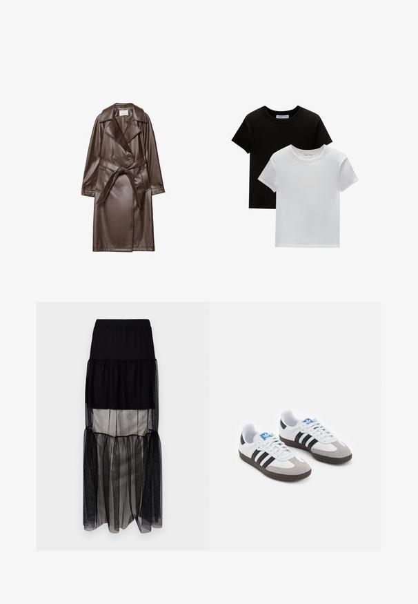 Hnědý kožený trenčkot s klopami, dvouřadým zapínáním, páskem na zavázání v pase a bočními kapsami. Hladká textura a délka těsně nad kolena.; Dvě trička s kulatým výstřihem v černé a bílé barvě, vyrobená z bavlny. Mají krátké rukávy a jednobarevný design bez vzorů nebo akcentů.; Černá maxi sukně s vrstvením a elastickým pasem, která má průhledné tylové panely, kontrastní saténovou podšívku a splývavý siluetu.; Sportovní boty s bílým koženým svrškem, šedou semišovou špičkou a třemi černými pruhy. Obsahují modré logo na jazyku a texturovanou gumovou podrážku.