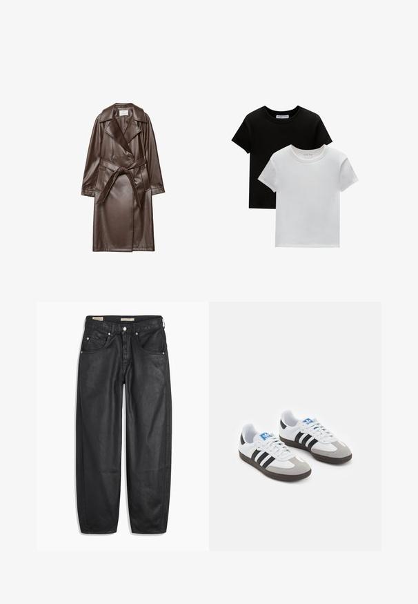 Smeđi kožni trench kaput s izrezanim reverima, dvostrukom dugmadi, remenom u struku i bočnim džepovima. Glatka tekstura i dizajn do koljena.; Dva majice s okruglim izrezom, u crnoj i bijeloj boji, od pamuka. Imaju kratke rukave i jednobojni dizajn bez uzoraka ili akcenta.; Crne traperice širokog kroja, s prednjim džepovima, zakopčavanjem na gumb i glatkom teksturom. Tkanina djeluje čvrsto.; Sportske cipele s gornjištem od bijele kože, sivi suedinasti nos i tri crne pruge. Imaju plavi logo na jeziku i teksturiranu gumenu podlogu.