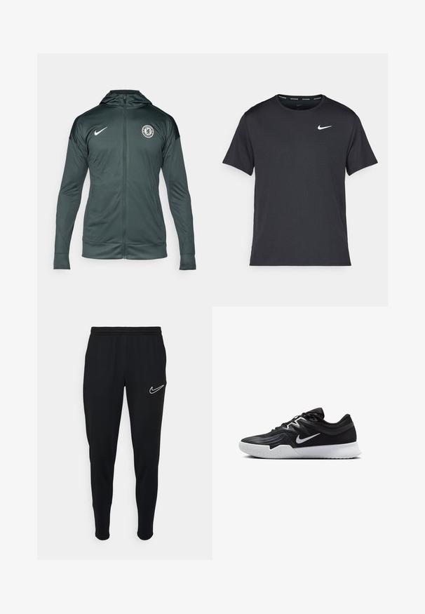 Jachetă Nike de culoare verde închis, cu fermoar complet pe față, glugă, buzunare laterale și logo-ul Chelsea FC pe partea superioară stângă a pieptului. Textură de țesătură netedă.; Tricou de alergare Nike negru, fabricat dintr-un material ușor și respirabil, cu mâneci scurte și un mic logo alb pe piept.; Jambiere atletice negre cu talie elastică, croială strânsă și logo alb Nike pe partea stângă. Material moale cu o textură netedă.; Pantof sport negru cu un superior texturat, swoosh alb Nike și o tălpică din cauciuc alb. Dispune de un design cu șireturi și o formă dinamică.
