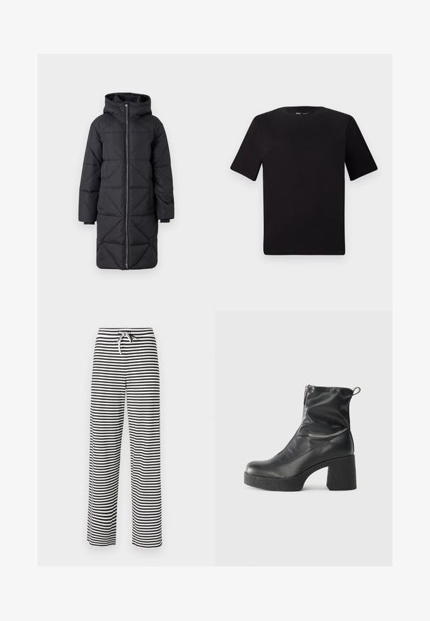 Črni puffed plašč s kapuco, z diagonalo prešito vzorcem, polnim zippom spredaj in dolgimi rokavi, izdelan iz sintetičnega materiala.; Črna majica s kratkimi rokavi in okroglim izrezom, izdelana iz mehkega bombažnega materiala. Preprost dizajn, brez vidnih logotipov ali vzorcev.; Črne in bele črtaste široke hlače z naramnicami za prilagajanje pasu. Mehka tkanina z ohlapnim krojem. Vertikalne črte po celotni površini.; Črne gležnjarje iz gladke kože z božnim zadrgo, masivnim teksturiranim peto in zaobljeno obliko prstov.