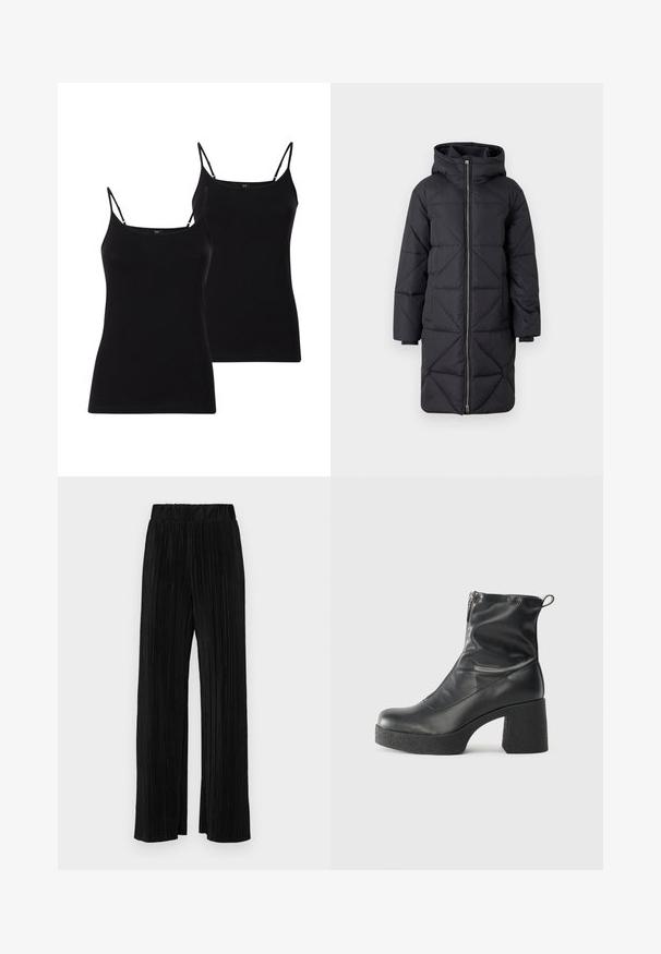 Black puffer coat with a hood, featuring diagonal quilted pattern, full zip front, and long sleeves, made from synthetic material.; Two black camisoles with thin spaghetti straps, made of soft fabric, featuring a fitted design and a smooth texture, ideal for layering.; Black pleated trousers with an elastic waistband. Features wide legs and a smooth, textured fabric with vertical stripes.; Black ankle boots made of smooth leather, featuring a side zipper, chunky textured heel, and rounded toe design.