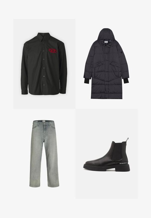 Ilgas juodas pūkinis paltas su kapišonu, turintis quilted dalis, priekinės kišenės ir elastinės rankovės. Lygus paviršius ir reguliuojama virvutė.; Juodas ilgomis rankovėmis marškinis su mygtukų apykakle. Pasižymi raudonu siuvinėtu logotipu kairėje krūtinės pusėje ir derančiais juodais mygtukais.; Šviesiai pilkos, laisvai krentančios džinsinės kelnės. Turi klasikinį penkių kišenių dizainą, diržo kilpas ir tiesius kojų siluetus.; Steve Madden ZHANE - Klasikiniai aulinukai - black