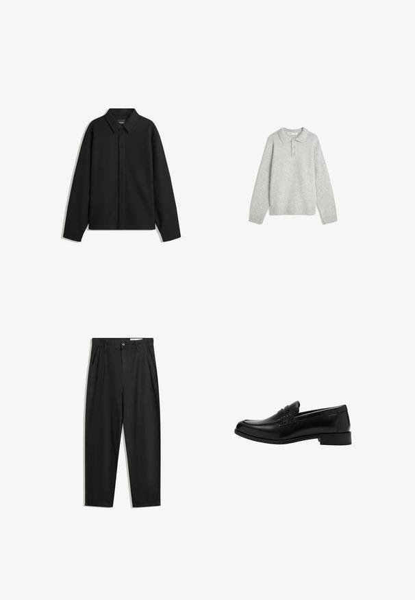Čierna košeľa s dlhým rukávom vo forme bundy s špicatým golierom, prednou légou a hladkou textúrou. Voľný strih s spadnutými plecami.; Sivý pletený sveter s golierom, tromi prednými gombíkmi a ribovaný dolný okraj. Tkanina vyzerá jemne a textúrovo, s uvoľneným strihom.; Čierne bavlnené nohavice s voľným strihom, s klasickým pásom, prednými záhybmi a bočnými vreckami. Hladká textúra bez vzorov.; Čierne kožené loafers s okrúhlym špičkou, skladaným predným detailom, textúrovanými akcentmi a nízkym podpätkom, umiestnené na jednofarebnom pozadí.
