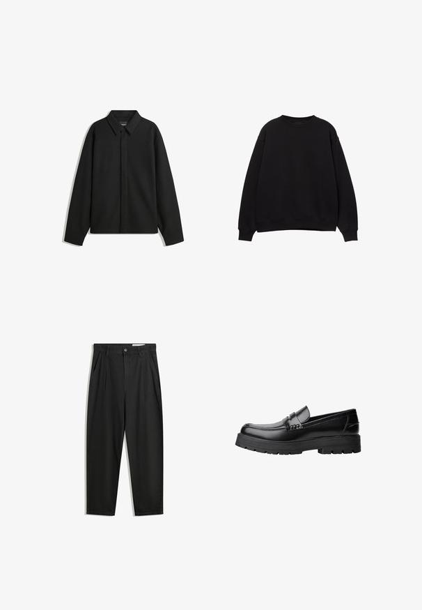 Jachetă neagră cu mâneci lungi și guler ascuțit, cu placket frontal și o textură netedă. Croială lejeră cu umeri lăsați.; Hanorac negru cu guler rotund, umeri lăsați și manșete ribbate. Fabricat dintr-un material moale, prezintă un design simplu, clasic.; Pantaloni negri din bumbac cu croială lejeră, având un brâu clasic, plii frontale și buzunare laterale. Textură netedă fără modele.; Mocasini din piele neagră, cu talpă groasă și profilată și bandă decorativă pe partea superioară, prezentati din profil stâng pe fundal alb.