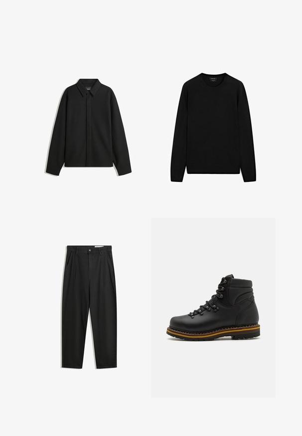 Černá bunda s dlouhým rukávem, špičatým límcem, přední légou a hladkým texturem. Volný střih s kleslými rameny.; Černý svetr z měkké tkaniny, s kulatým výstřihem, dlouhými rukávy a volným střihem. Neobsahuje žádné vzory ani akcenty.; Černé bavlněné kalhoty s uvolněným střihem, klasickým pasem, předními záhyby a bočními kapsami. Hladká textura bez vzorů.; Černá kožená turistická bota s kulatou špičkou, robustními tkaničkami, polstrovaným límcem a kontrastní, hnědo-černou vrstvou podrážky. Texturovaný svršek.