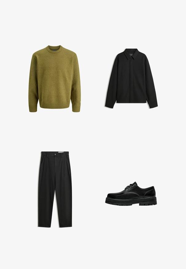 Czarna koszula-zakładka z długimi rękawami i spiczastym kołnierzykiem, z przodu z guzikami i gładką fakturą. Luźny krój z obniżonymi ramionami.; Olive zielony sweter wykonany z teksturowanego materiału dzianinowego, z okrągłym dekoltem i ściągaczami. Luźny krój z długimi rękawami i subtelnymi akcentami.; Czarne bawełniane spodnie o luźnym kroju, z klasycznym pasem, przednimi plisy oraz bocznymi kieszeniami. Gładka struktura, bez wzorów.; Czarne skórzane buty na sznurówki z okrągłym noskiem, teksturowanym wykończeniem i grubą gumową podeszwą z głębokim bieżnikiem zapewniającym przyczepność.