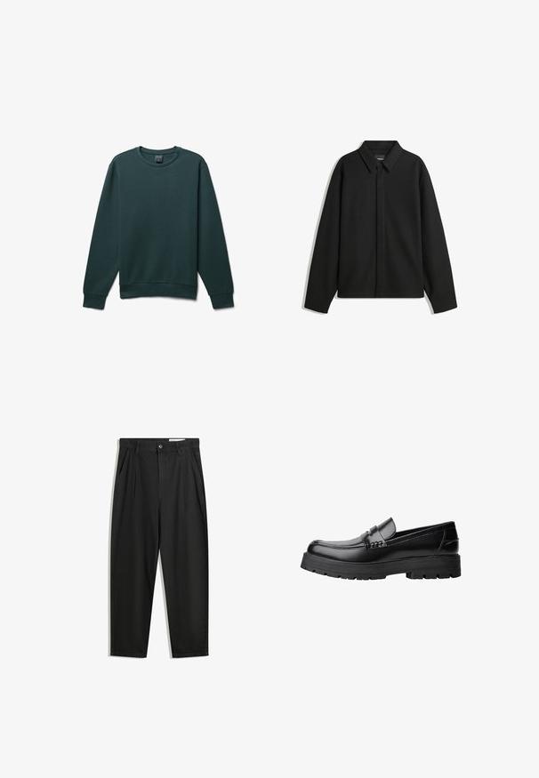 Giacca nera a maniche lunghe con colletto a punta, patta frontale e una texture liscia. Vestibilità rilassata con spalle scese.; Maglione verde a coste con scollatura rotonda, maniche lunghe e una finitura testurizzata. I polsini e l'orlo sono elasticizzati per una vestibilità aderente.; Pantaloni in cotone neri con una vestibilità rilassata, dotati di una vita classica, pieghe frontali e tasche laterali. Tessuto liscio senza fantasie.; Mocassino in pelle nera con suola spessa e tassellata e fascia decorativa sulla parte superiore, mostrato in profilo sinistro su sfondo bianco.