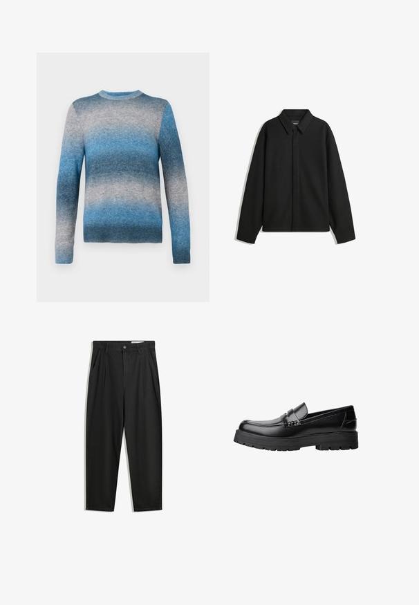 Giacca nera a maniche lunghe con colletto a punta, patta frontale e una texture liscia. Vestibilità rilassata con spalle scese.; Maglione con gradiente blu realizzato in morbido materiale, dotato di colletto girocollo, maniche lunghe e orlo a coste. I colori vanno dal blu chiaro al blu scuro.; Pantaloni in cotone neri con una vestibilità rilassata, dotati di una vita classica, pieghe frontali e tasche laterali. Tessuto liscio senza fantasie.; Mocassino in pelle nera con suola spessa e tassellata e fascia decorativa sulla parte superiore, mostrato in profilo sinistro su sfondo bianco.