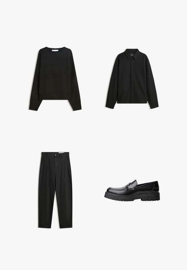 Czarna koszula-zakładka z długimi rękawami i spiczastym kołnierzykiem, z przodu z guzikami i gładką fakturą. Luźny krój z obniżonymi ramionami.; Czarny sweter z dzianiny z okrągłym dekoltem, z prążkowanymi mankietami i dołem. Krój jest luźny, z opadającymi ramionami, co zapewnia swobodny wygląd.; Czarne bawełniane spodnie o luźnym kroju, z klasycznym pasem, przednimi plisy oraz bocznymi kieszeniami. Gładka struktura, bez wzorów.; Czarne skórzane mokasyny z grubą, bieżnikowaną podeszwą i dekoracyjnym paskiem na górze, pokazane w lewym profilu na białym tle.