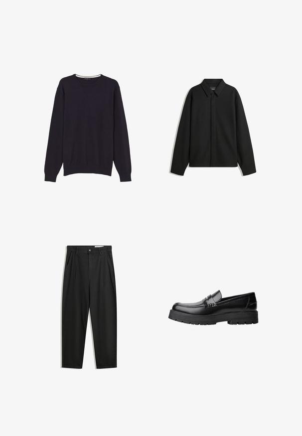 Giacca nera a maniche lunghe con colletto a punta, patta frontale e una texture liscia. Vestibilità rilassata con spalle scese.; Maglione lavorato a maglia blu navy con collo a giro, maniche lunghe e polsini e orlo a coste, realizzato in un tessuto morbido e leggero.; Pantaloni in cotone neri con una vestibilità rilassata, dotati di una vita classica, pieghe frontali e tasche laterali. Tessuto liscio senza fantasie.; Mocassino in pelle nera con suola spessa e tassellata e fascia decorativa sulla parte superiore, mostrato in profilo sinistro su sfondo bianco.