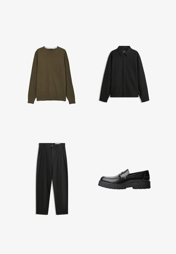 Schwarze Langarmhemdjacke mit spitzem Kragen, Frontblende und glatter Textur. Lässiger Schnitt mit abgesenkten Schultern.; Olivgrüner Pullover mit Rundhalsausschnitt, langen Ärmeln und geripptem Saum, aus einem weichen Strickmaterial. Keine auffälligen Muster oder Akzente.; Schwarze Baumwollhose mit lockerem Schnitt, ausgestattet mit einem klassischen Bund, vorderen Falten und Seiten taschen. Glatte Textur ohne Muster.; Schwarzer Lederloafer mit grobem, rutschfestem Sohlenprofil und dekorativem Riemen über der Oberseite, seitlich links auf weißem Hintergrund abgebildet.