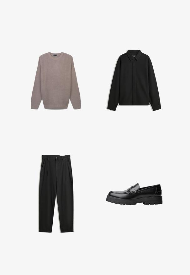 Giacca nera a maniche lunghe con colletto a punta, patta frontale e una texture liscia. Vestibilità rilassata con spalle scese.; Maglione grigio lavorato a maglia con un motivo testurizzato, collo a giro, maniche lunghe e polsini e orlo a costine. Tessuto leggero, vestibilità casual.; Pantaloni in cotone neri con una vestibilità rilassata, dotati di una vita classica, pieghe frontali e tasche laterali. Tessuto liscio senza fantasie.; Mocassino in pelle nera con suola spessa e tassellata e fascia decorativa sulla parte superiore, mostrato in profilo sinistro su sfondo bianco.