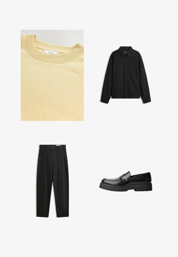 Černá bunda s dlouhým rukávem, špičatým límcem, přední légou a hladkým texturem. Volný střih s kleslými rameny.; Krémová mikina s ribovaným výstřihem. Měkká struktura a hladká tkanina, uvnitř s visačkou s nápisem "NEXT".; Černé bavlněné kalhoty s uvolněným střihem, klasickým pasem, předními záhyby a bočními kapsami. Hladká textura bez vzorů.; Černé kožené mokasíny s masivní podrážkou a dekoračním páskem přes horní část, zobrazené v levém bočním profilu na bílém pozadí.