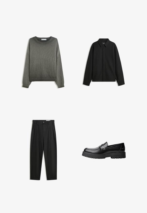 Črna dolga majica s kratkimi rokavi z ostrim ovratnikom, sprednjim zapiranjem in gladko teksturo. Ohlapen kroj z nizkimi rameni.; Zelena rebrasta pletena pulover z okroglim izrezom in dolgimi rokavi, ki ima sproščen kroj in teksturo tkanine.; Črne bombažne hlače s sproščenim krojem, ki vključujejo klasičen pas, sprednje gube in stranske žepke. Gladka tekstura brez vzorcev.; Črne usnjene loafersice s debelim profiliranim podplatom in dekorativnim pasom čez zgornji del, prikazane v levem stranskem profilu na beli podlagi.
