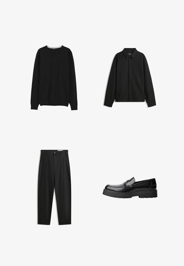 Giacca nera a maniche lunghe con colletto a punta, patta frontale e una texture liscia. Vestibilità rilassata con spalle scese.; Maglione nero a maniche lunghe con collo rotondo, dotato di polsini e orlo a coste, esposto su uno sfondo bianco.; Pantaloni in cotone neri con una vestibilità rilassata, dotati di una vita classica, pieghe frontali e tasche laterali. Tessuto liscio senza fantasie.; Mocassino in pelle nera con suola spessa e tassellata e fascia decorativa sulla parte superiore, mostrato in profilo sinistro su sfondo bianco.