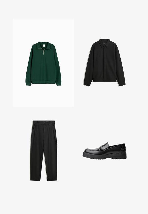 Črna dolga majica s kratkimi rokavi z ostrim ovratnikom, sprednjim zapiranjem in gladko teksturo. Ohlapen kroj z nizkimi rameni.; Zelena dukserica iz mehkega teksturiranega materiala. Ima zadrgo pri vratu, dolge rokave in sproščen kroj s rebrastim robom.; Črne bombažne hlače s sproščenim krojem, ki vključujejo klasičen pas, sprednje gube in stranske žepke. Gladka tekstura brez vzorcev.; Črne usnjene loafersice s debelim profiliranim podplatom in dekorativnim pasom čez zgornji del, prikazane v levem stranskem profilu na beli podlagi.