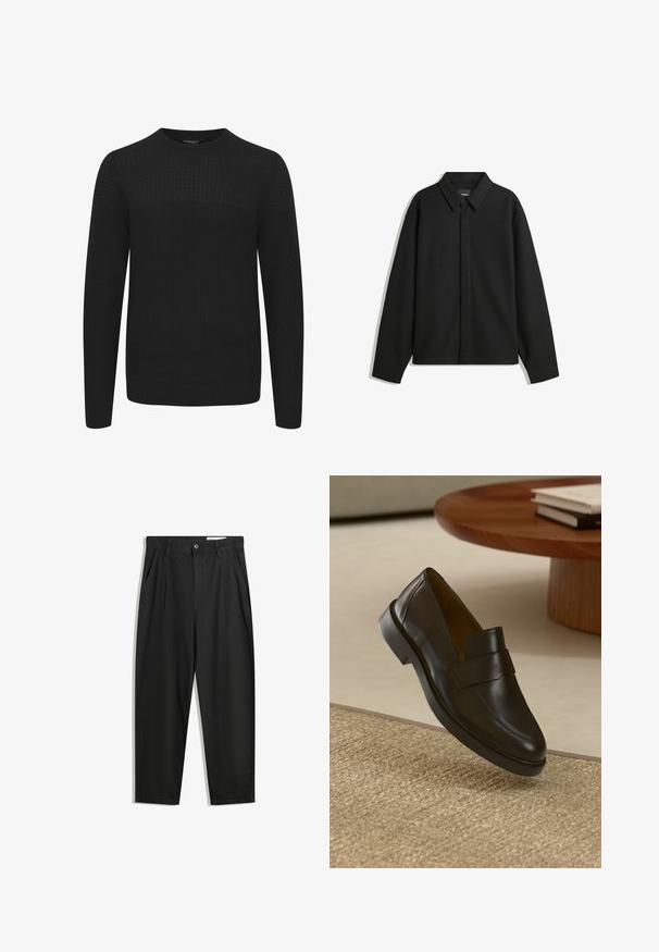Black long-sleeve shirt jacket with a pointed collar, front placket, and a smooth texture. Relaxed fit with dropped shoulders.; Black knitted sweater with a round neck, featuring a textured upper panel and ribbed cuffs and hem. Made from a soft, warm fabric.; Black cotton trousers with a relaxed fit, featuring a classic waistband, front pleats, and side pockets. Smooth texture without patterns.; Black leather loafer with a smooth finish, a rounded toe, and a decorative strap across the upper. Low rubber heel, set against a textured surface.