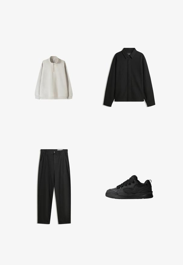 Černá bunda s dlouhým rukávem, špičatým límcem, přední légou a hladkým texturem. Volný střih s kleslými rameny.; Světlý šedý pletený svetr s vysokým límcem, předním zipem do poloviny a elastickými manžetami. Měkká tkanina a volnější střih.; Černé bavlněné kalhoty s uvolněným střihem, klasickým pasem, předními záhyby a bočními kapsami. Hladká textura bez vzorů.; Černé tenisky s texturovaným svrškem, obsahující šněrování, síťované detaily pro prodyšnost, polstrovaný límec a pevnou podrážku.