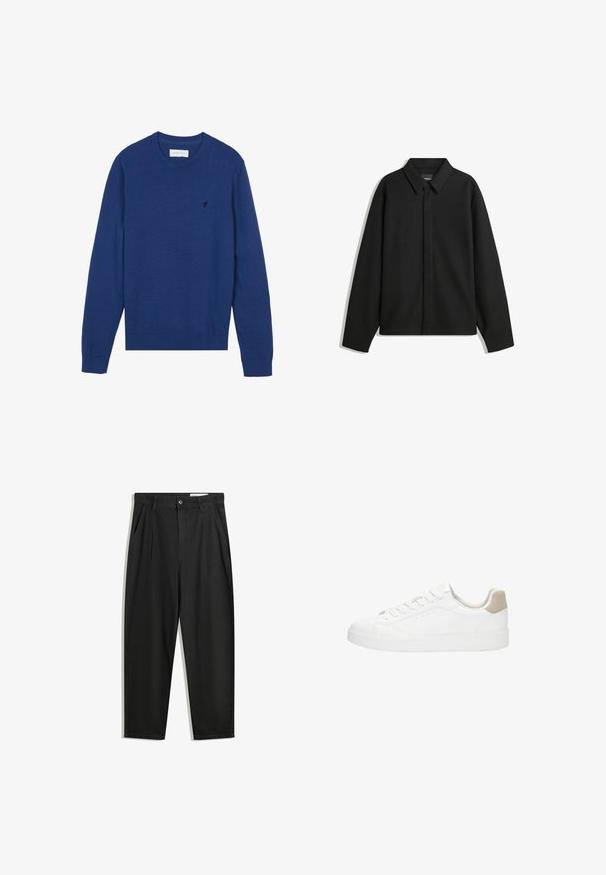 Schwarze Langarmhemdjacke mit spitzem Kragen, Frontblende und glatter Textur. Lässiger Schnitt mit abgesenkten Schultern.; Marineblauer gestrickter Pullover mit rundem Halsausschnitt, langen Ärmeln und gerippten Bündchen. Verfügt über ein kleines gesticktes Logo auf der Brust.; Schwarze Baumwollhose mit lockerem Schnitt, ausgestattet mit einem klassischen Bund, vorderen Falten und Seiten taschen. Glatte Textur ohne Muster.; Weiße Sneakers mit einem glatten Leder-Obermaterial und runder Zehenpartie. Merkmale sind eine sandfarbene Suede-Fersenpartie, flache Schnürsenkel und eine weiße Gummisohle.