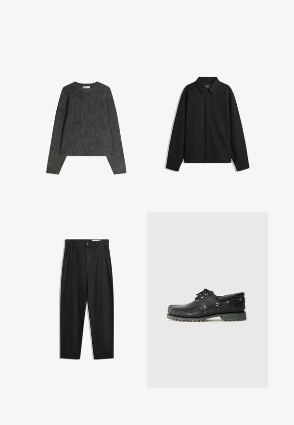 Black long-sleeve shirt jacket with a pointed collar, front placket, and a smooth texture. Relaxed fit with dropped shoulders.; Bershka FUZZY - Jumper - dark grey; Black cotton trousers with a relaxed fit, featuring a classic waistband, front pleats, and side pockets. Smooth texture without patterns.; Black textured lace-up shoe with round toe, metal eyelets, and a rugged gray rubber sole. Features a woven pattern on the upper.