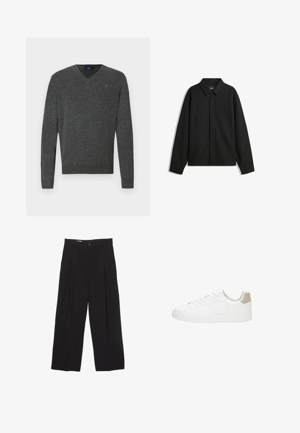 Crna jakna s dugim rukavima i oštrim ovratnikom, prednjim kopčanjem i glatkom teksturom. Opušteni kroj s spuštenim ramenima.; Sivi pulover s V-izrezom od mekog materijala. Ima rebraste manžete i donji rub, s malim izvezenim logotipom na grudima. Jednostavan dizajn, klasičan kroj.; Crne široke hlače od glatkog materijala, s ravnim pojasom, prednjim nabranim detaljima i zatvaranjem na jedan gumb.; Bijele tenisice s glatkim kožnim gornjištem i okruglim vrhom. Imaju bež zamšastu petu, ravne vezice i bijeli gumeni potplat.