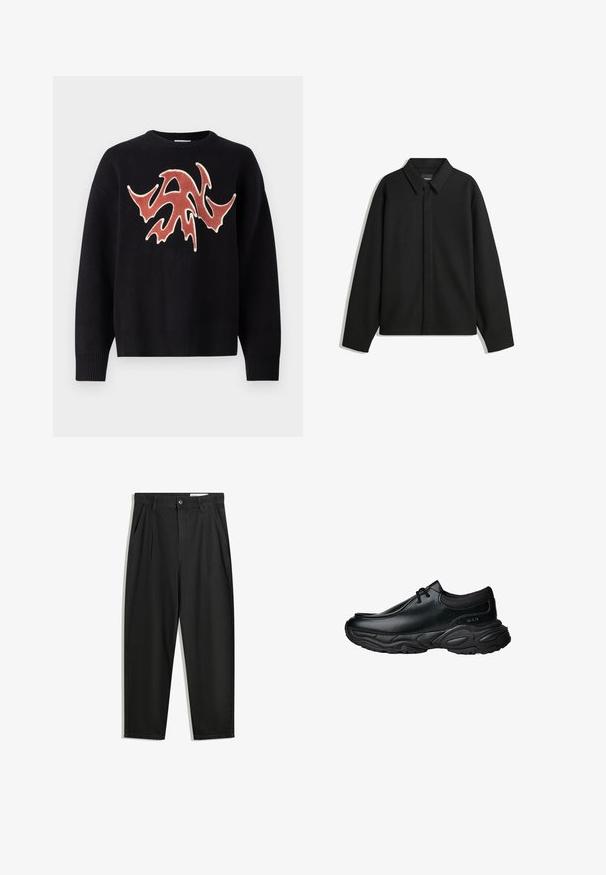 Giacca nera a maniche lunghe con colletto a punta, patta frontale e una texture liscia. Vestibilità rilassata con spalle scese.; Maglione nero con collo rotondo, caratterizzato da un design astratto e texturizzato in rosso e crema sulla parte anteriore. Polsini e orlo a costine.; Pantaloni in cotone neri con una vestibilità rilassata, dotati di una vita classica, pieghe frontali e tasche laterali. Tessuto liscio senza fantasie.; Scarpe slip-on in pelle nera con punta arrotondata e suola in gomma spessa e testurizzata. Presentano cuciture sottili e dettagli in elastico sul colletto.