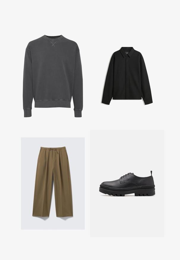 Musta pitkähihainen paita-takki, jossa on terävä kaulus, etupaneeli ja sileä materiaali. Rento istuvuus ja laskeutuvat olkapäät.; Tummanharmaa crewneck-huppari, joka on valmistettu puuvillasekoitteesta. Tässä hupparissa on ribbaatut hihansuut ja helma, teksturoitu pinta sekä hienovaraiset ompeluyksityiskohdat.; Valkoiset lahkeet oliivinvihreänä, pehmeästä kankaasta valmistettuna, joustovyötärö ja säädettävä nyöri. Sisältää kaksi sivutaskua.; Musta nahkakenkä, jossa on pyöreä kärki, nauhakiinnitys ja paksu kumipohja. Varressa on vetotappi ja tekstuuriakennus.