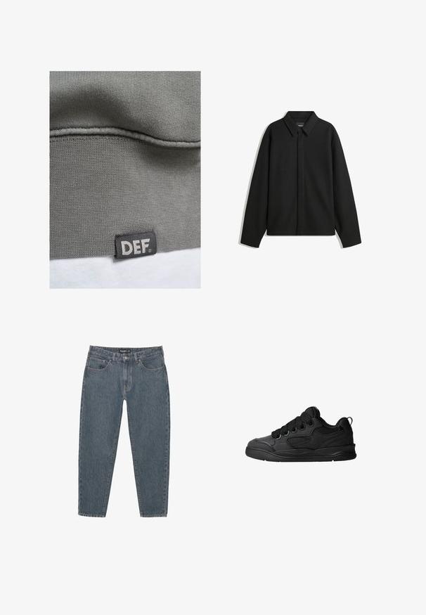 Čierna košeľa s dlhým rukávom vo forme bundy s špicatým golierom, prednou légou a hladkou textúrou. Voľný strih s spadnutými plecami.; Sivá mikina s textúrou rebrovaného materiálu. Obsahuje čiernu nálepku s bielym textom "DEF" na dolnom leme. Hladký povrch a jednoduchý dizajn.; Tmavomodré denimové nohavice s uvoľneným strihom, päť vreciek, zapínanie na gombík a mierne roztrhnutý lem. Odolný materiál s jemnou textúrou.; Čierne tenisky s textúrovaným zvrškom, s šnúrkami, sieťovinovými akcentmi pre priedušnosť, polstrovaným golierom a pevnou podošvou.