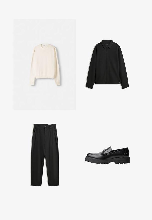 Černá bunda s dlouhým rukávem, špičatým límcem, přední légou a hladkým texturem. Volný střih s kleslými rameny.; Krémový svetr s long sleeves, žebrovanými manžetami a lemem, lehká pletená textura, s malými opotřebovanými detaily na ramenou.; Černé bavlněné kalhoty s uvolněným střihem, klasickým pasem, předními záhyby a bočními kapsami. Hladká textura bez vzorů.; Černé kožené mokasíny s masivní podrážkou a dekoračním páskem přes horní část, zobrazené v levém bočním profilu na bílém pozadí.