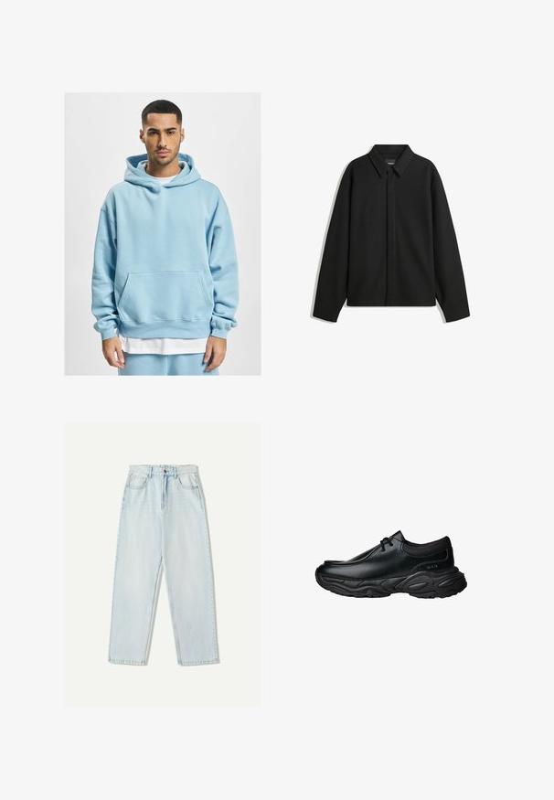 Black long-sleeve shirt jacket with a pointed collar, front placket, and a smooth texture. Relaxed fit with dropped shoulders.; Light blue hoodie made of soft fabric, featuring a kangaroo pocket, drawstring hood, and ribbed cuffs. Layered over a white shirt.; Light blue denim jeans with a relaxed fit, straight leg design, five-pocket styling, and subtle fading on the fabric.; Black leather slip-on shoes with a rounded toe and thick textured rubber sole. Features subtle stitching and elastic accents at the collar.