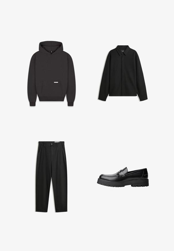 Giacca nera a maniche lunghe con colletto a punta, patta frontale e una texture liscia. Vestibilità rilassata con spalle scese.; Felpa nera con cappuccio, tasca frontale, polsini e fondo a costine. Realizzata in tessuto morbido con un'etichetta sulla tasca. Design minimalista.; Pantaloni in cotone neri con una vestibilità rilassata, dotati di una vita classica, pieghe frontali e tasche laterali. Tessuto liscio senza fantasie.; Mocassino in pelle nera con suola spessa e tassellata e fascia decorativa sulla parte superiore, mostrato in profilo sinistro su sfondo bianco.