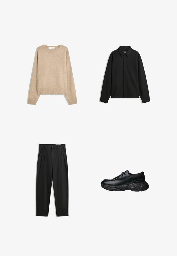 Musta pitkähihainen paita-takki, jossa on terävä kaulus, etupaneeli ja sileä materiaali. Rento istuvuus ja laskeutuvat olkapäät.; Beige neulepusero, joka on valmistettu pehmeästä ja teksturoidusta neuleesta. Siinä on pyöreä kaula-aukko, ribbireunat ja cropped-helma sekä pudotetut olkapäät.; Mustat puuvillahousut rentoa mallia, joissa on klassinen vyötärö, etukangastukset ja sivutaskut. Sileä pinta ilman kuvioita.; Mustat nahkaiset liukujalkineet, joissa on pyöreä varvas ja paksu teksturoitu kumipohja. Ominaisuuksiin kuuluu hienovarainen ompelu ja joustavat yksityiskohdat kauluksessa.