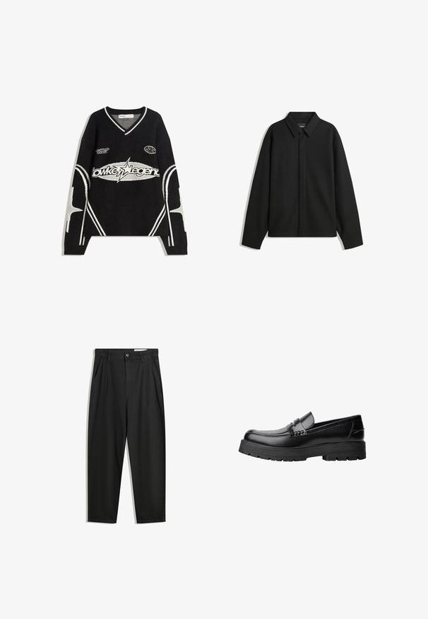 Black long-sleeve shirt jacket with a pointed collar, front placket, and a smooth texture. Relaxed fit with dropped shoulders.; Black knit sweater with a V-neck, featuring white accents and graphic text designs. Includes star patterns on sleeves and hem.; Black cotton trousers with a relaxed fit, featuring a classic waistband, front pleats, and side pockets. Smooth texture without patterns.; Black leather loafer with chunky treaded sole and decorative strap across the upper, shown in left side profile on white background.