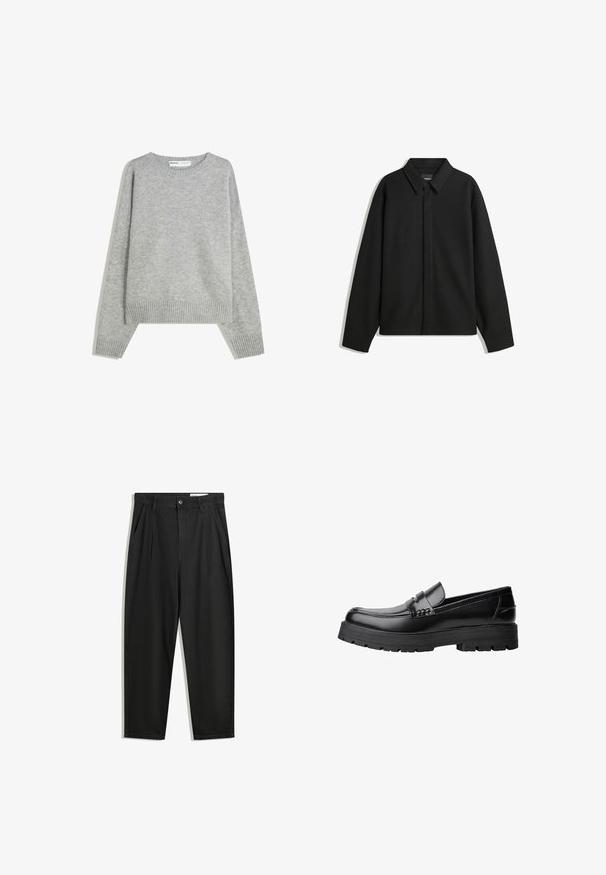Zwarte lange mouwen overhemdjasje met een spitse kraag, voorste sluiting en een zachte textuur. Losse pasvorm met een verlaagde schouder.; Grijze gebreide trui met een ronde halslijn, geribbelde manchetten en zoom, met een relaxed fit en een zachte textuur.; Zwarte katoenen broeken met een losse pasvorm, voorzien van een klassieke tailleband, voorplooien en zijzakken. Gladde structuur zonder patronen.; Zwarte leren loafer met een chunky profielzool en een decoratieve band over de bovenkant, weergegeven in het linkerzijprofiel op een witte achtergrond.