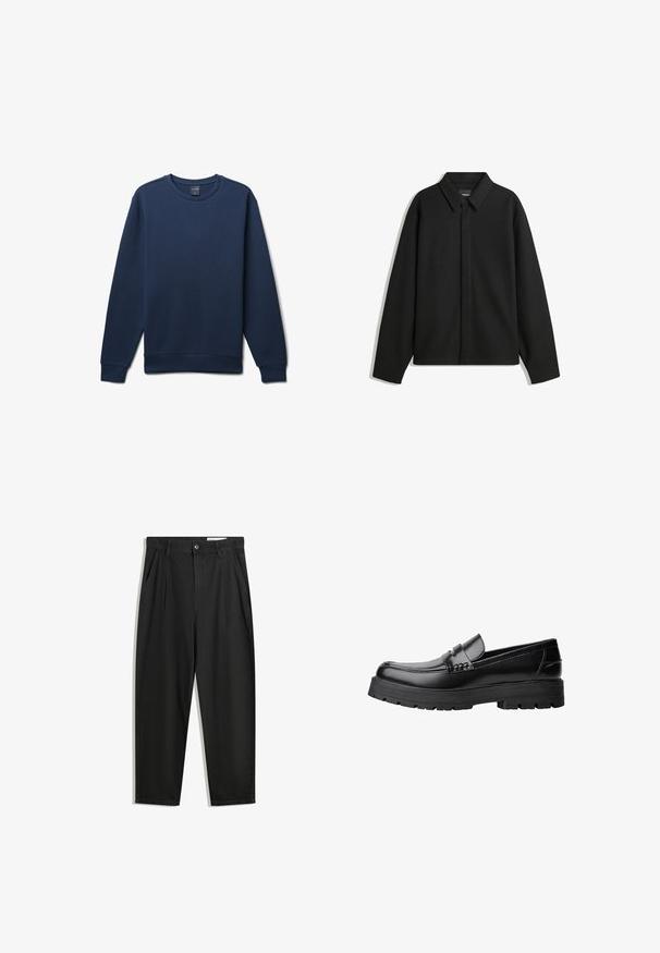 Giacca nera a maniche lunghe con colletto a punta, patta frontale e una texture liscia. Vestibilità rilassata con spalle scese.; Sweatshirt in cotone blu navy, texture a coste, collo a giro, maniche lunghe e polsini e orlo a coste, con un design minimalista e senza logo visibile.; Pantaloni in cotone neri con una vestibilità rilassata, dotati di una vita classica, pieghe frontali e tasche laterali. Tessuto liscio senza fantasie.; Mocassino in pelle nera con suola spessa e tassellata e fascia decorativa sulla parte superiore, mostrato in profilo sinistro su sfondo bianco.