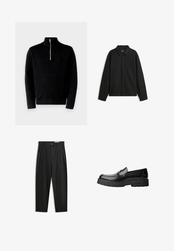 Musta pitkähihainen paita-takki, jossa on terävä kaulus, etupaneeli ja sileä materiaali. Rento istuvuus ja laskeutuvat olkapäät.; Mustat neulepusero, jossa on korkea kaulus ja puolivälin vetoketju. Valmistettu ribbikangasta, siinä on pitkät hihat ja silkkinen tekstuuri.; Mustat puuvillahousut rentoa mallia, joissa on klassinen vyötärö, etukangastukset ja sivutaskut. Sileä pinta ilman kuvioita.; Musta nahkainen loaferi, jossa on paksu urheilupohja ja koristeellinen hihna yläpääkkeellä, esitettynä vasemman sivuprofiilin kuvassa valkoista taustaa vasten.
