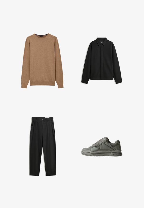 Veste chemise noire à manches longues, avec un col pointu, une patte de boutonnage à l'avant et une texture lisse. Coupe décontractée avec épaules tombantes.; Pull en maille marron avec un col rond, des manches longues, et des bords côtelés aux poignets et à l'ourlet, présentant une texture lisse et un design décontracté.; Pantalon en coton noir avec une coupe décontractée, dotés d'une taille classique, de plis à l'avant et de poches latérales. Texture lisse sans motifs.; Chaussure de sport grise avec une tige en cuir texturé et en mesh, semelle en caoutchouc épaisse, et langue et côtés bien rembourrés. Lacets et accents latéraux inclus.