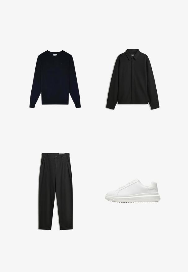 Schwarze Langarmhemdjacke mit spitzem Kragen, Frontblende und glatter Textur. Lässiger Schnitt mit abgesenkten Schultern.; Scalpers CLASSIC ROUND NECK - Sweatshirt - navy; Schwarze Baumwollhose mit lockerem Schnitt, ausgestattet mit einem klassischen Bund, vorderen Falten und Seiten taschen. Glatte Textur ohne Muster.; Weißer Sneaker mit einem glatten synthetischen Obermaterial, runder Spitze, flachen Schnürsenkeln, strukturiertem Sohlen und einem geschichteten, Plattform-Design für zusätzlichen Halt.