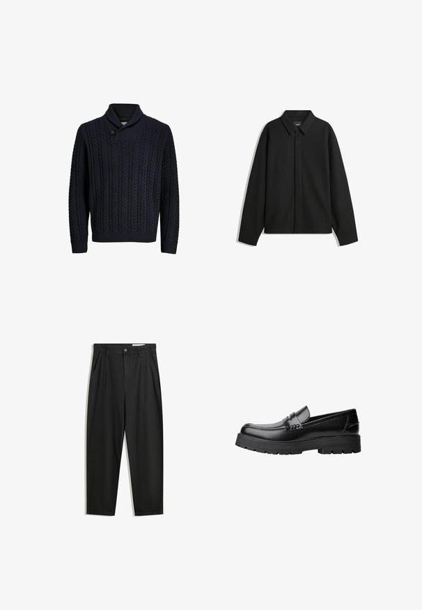 Černá bunda s dlouhým rukávem, špičatým límcem, přední légou a hladkým texturem. Volný střih s kleslými rameny.; Námořnický modrý pletený svetr s šálovým límcem, zdobený texturovaným kabelovým vzorem, s jedním knoflíkem a žebrovanými manžetami a spodním lemem.; Černé bavlněné kalhoty s uvolněným střihem, klasickým pasem, předními záhyby a bočními kapsami. Hladká textura bez vzorů.; Černé kožené mokasíny s masivní podrážkou a dekoračním páskem přes horní část, zobrazené v levém bočním profilu na bílém pozadí.