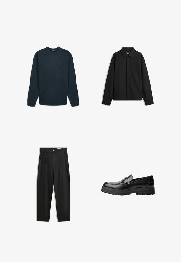 Giacca nera a maniche lunghe con colletto a punta, patta frontale e una texture liscia. Vestibilità rilassata con spalle scese.; Maglione crewneck in teal scuro con maniche lunghe, polsini, colletto e orlo a costine, posato su uno sfondo bianco.; Pantaloni in cotone neri con una vestibilità rilassata, dotati di una vita classica, pieghe frontali e tasche laterali. Tessuto liscio senza fantasie.; Mocassino in pelle nera con suola spessa e tassellata e fascia decorativa sulla parte superiore, mostrato in profilo sinistro su sfondo bianco.