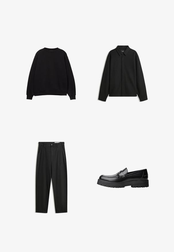 Črna dolga majica s kratkimi rokavi z ostrim ovratnikom, sprednjim zapiranjem in gladko teksturo. Ohlapen kroj z nizkimi rameni.; Črna majica s kapuco okroglega izreza, spuščeni rameni in rebrastimi manšetami. Narejena iz mehkega materiala, ima preprost, klasičen dizajn.; Črne bombažne hlače s sproščenim krojem, ki vključujejo klasičen pas, sprednje gube in stranske žepke. Gladka tekstura brez vzorcev.; Črne usnjene loafersice s debelim profiliranim podplatom in dekorativnim pasom čez zgornji del, prikazane v levem stranskem profilu na beli podlagi.